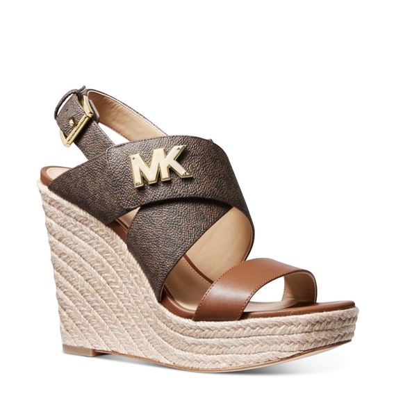 Michael Kors | Shoes | Michael Kors Mk Logo Brown Sidney Wedge Sandals |  Poshmark